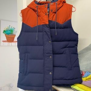 Patagonia Womens Down Bivvy Hooded Vest orange and blue